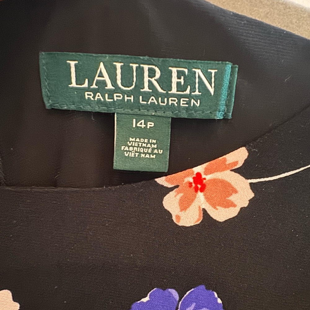 Lauren Ralph Lauren Dark Floral Shift Dress 14P 3/4 Ruffle Sleeve Modest Party - Picture 4 of 12